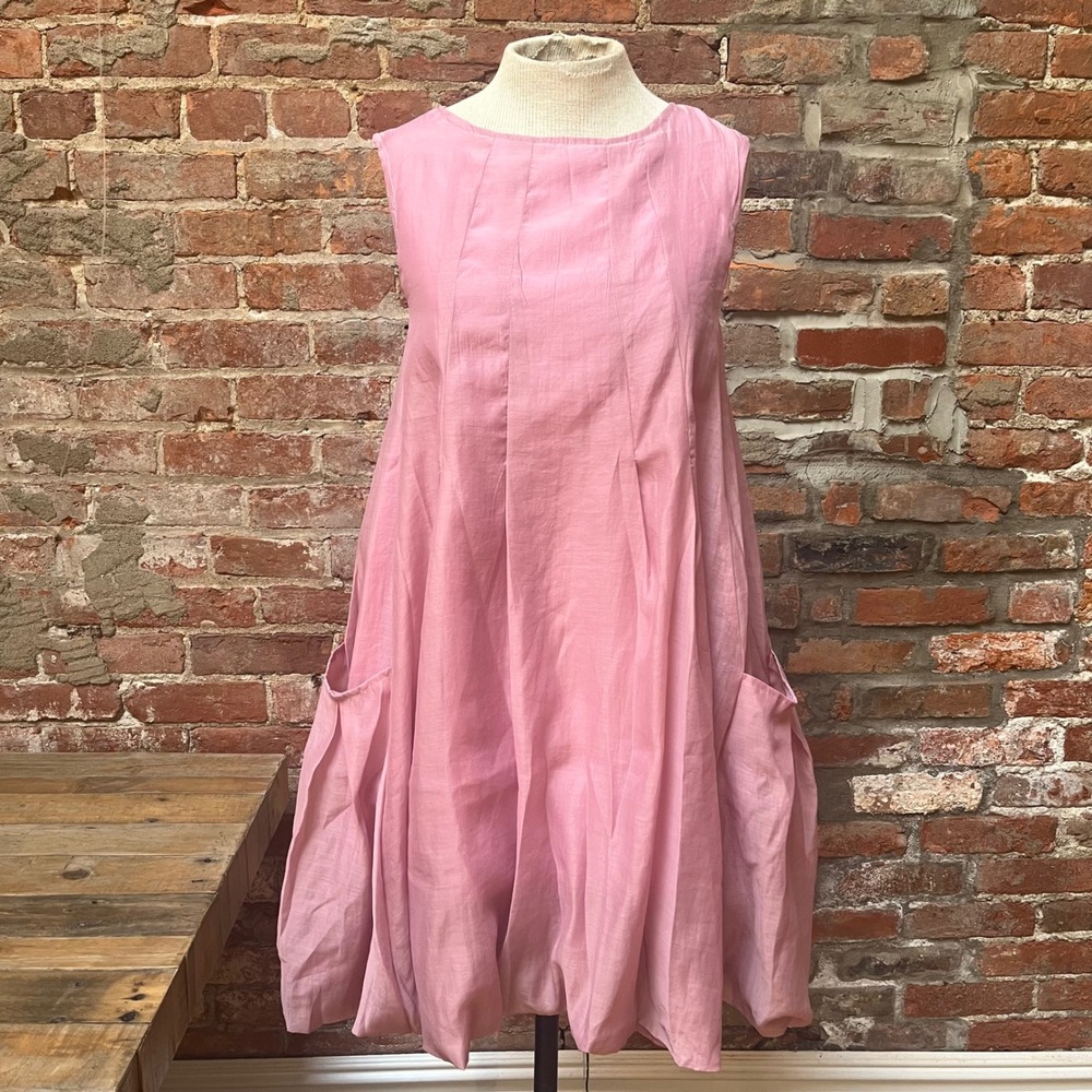 Pink Sleeveless Bubble Hem Pleated Pocket Dress Relaxed Lagenlook - Sz Small